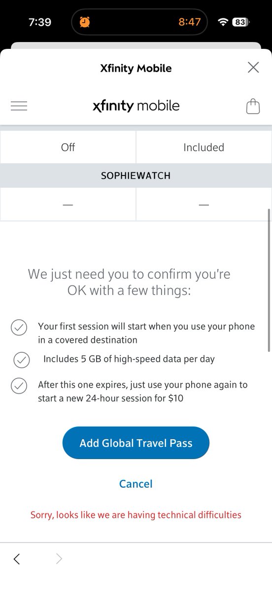 dballinger1's tweet photo. @XfinitySupport I was charged $800+ in roaming fees even though my Global Travel Pass has always been active. Support confirmed there was no deactivation on my account, yet charges kept coming and my line was frozen. Need escalation + full refund. Screenshots attached. https://t.co/dqy7OdWf2v