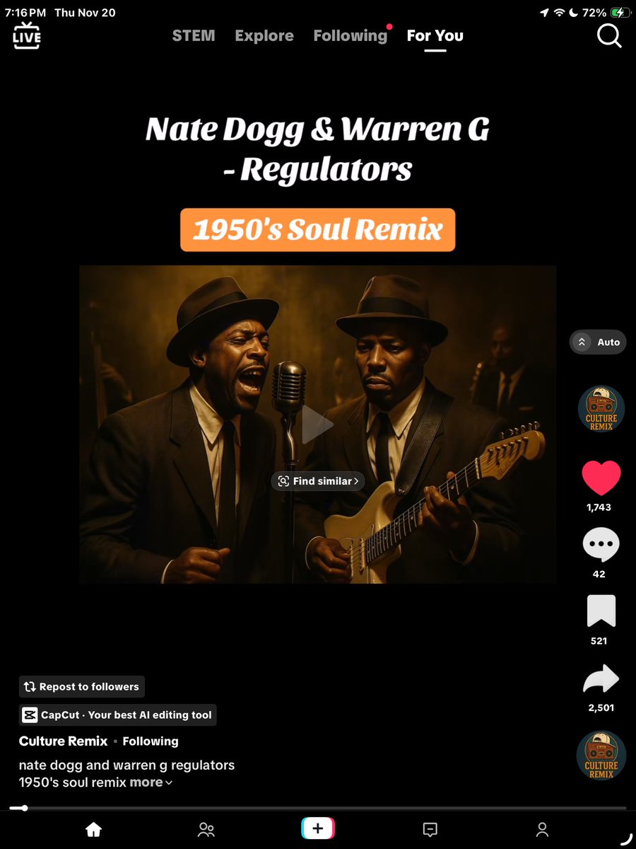 joshcox8's tweet image. There&apos;s a TikTok page that turns rap songs into 1950s soul music using ai... Straight bangers!