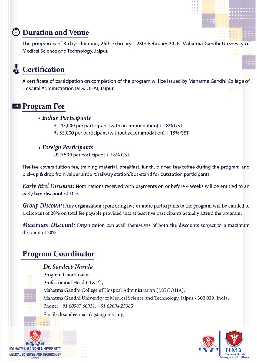 sandeeprt2004's tweet image. 3 day #MDP by Centre of Health Management Excellence (#HMX) and #MGOCHA  - “STRATEGIC LEADERSHIP AND OPERATIONAL EXCELLENCE FOR HOSPITAL MEDICAL LEADERS&quot; (26th -28th Feb.2026)
details and registration: : drsandeepnarula@mgumst.org 8058760911/8209425385