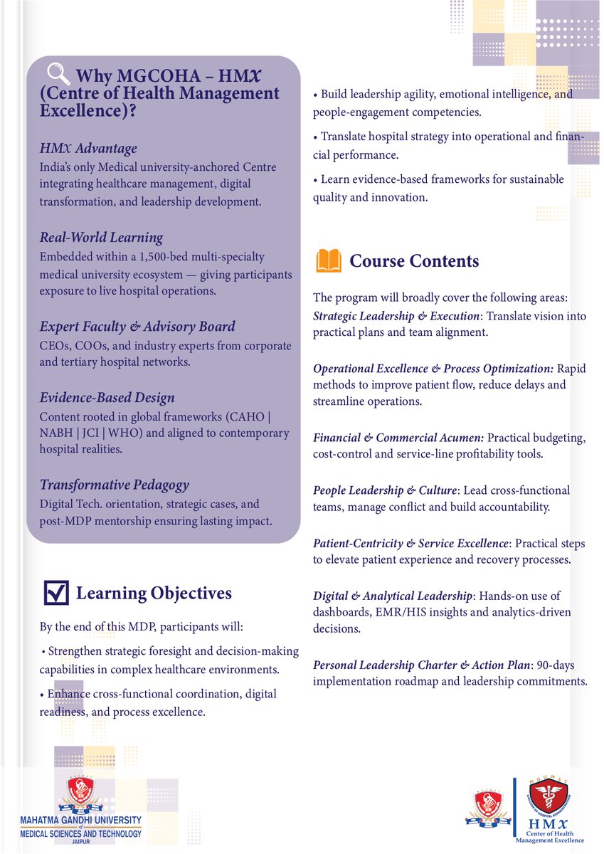 sandeeprt2004's tweet image. 3 day #MDP by Centre of Health Management Excellence (#HMX) and #MGOCHA  - “STRATEGIC LEADERSHIP AND OPERATIONAL EXCELLENCE FOR HOSPITAL MEDICAL LEADERS&quot; (26th -28th Feb.2026)
details and registration: : drsandeepnarula@mgumst.org 8058760911/8209425385