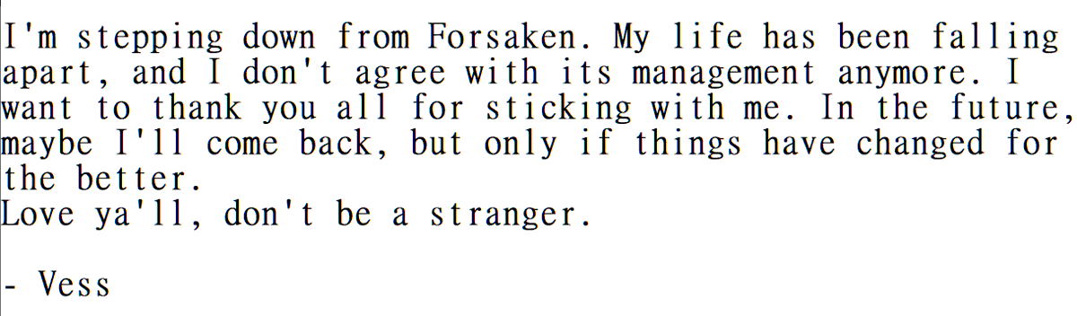 Forsaken_News's tweet image. ⏰Announcement⏰

Vess (@sayso_1230) has stepped down from Forsaken.

#Forsaken #forsakenroblox