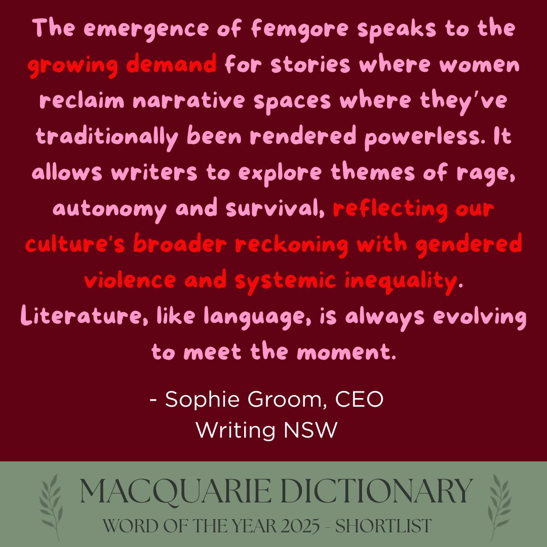 MacqDictionary's tweet image. a subgenre of horror in which female protagonists are given agency over the narrative, and while still victimised, objectified or exploited to an extent, are not passive.

Read what this means to Writing NSW.

Have your say in WOTY! VOTE NOW at our link in bio. #wordoftheyear2025