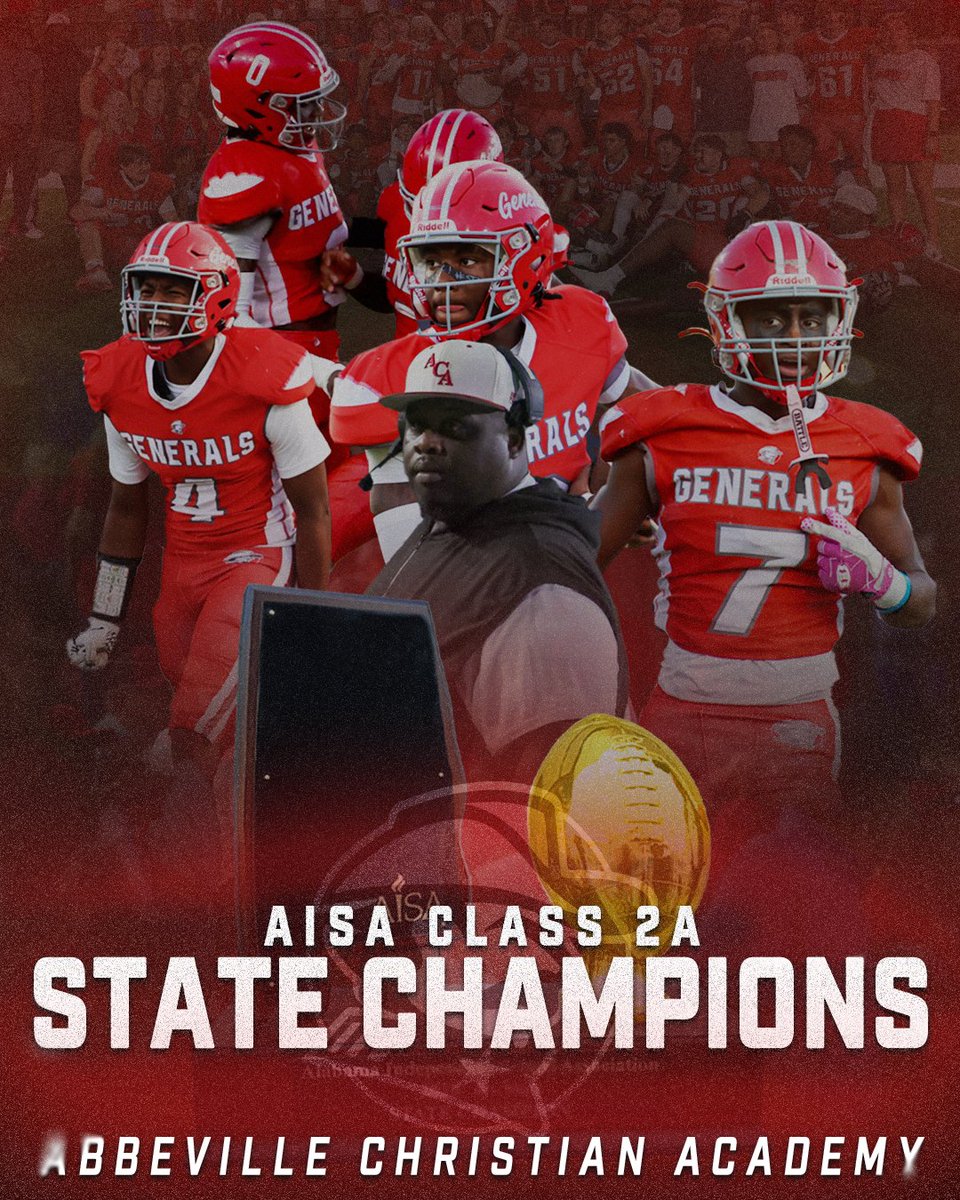 AISAathletics's tweet image. 🏆Congratulations to Abbeville Christian Academy for winning the Class AA state championship!🏆

Coach Stefan Gainey leading the Generals all the way to a title in his first year at the helm.