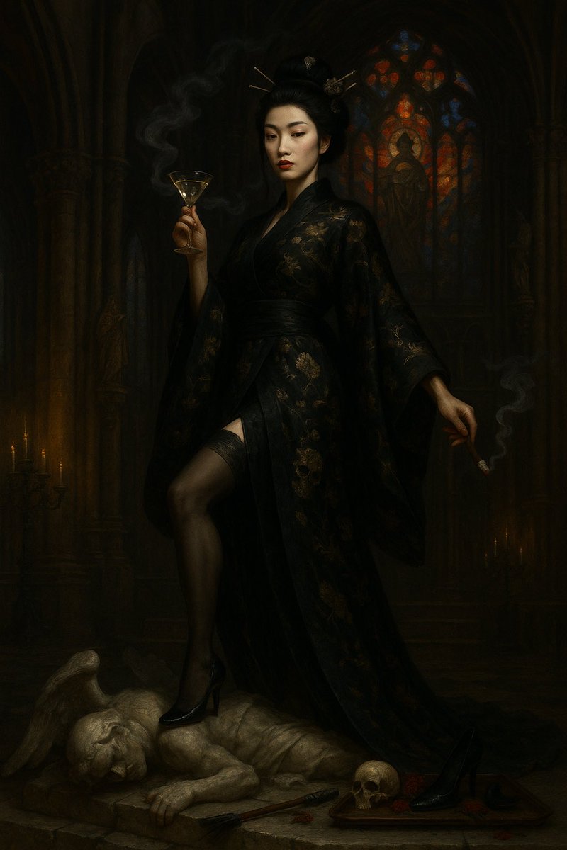 Grey doesn’t walk into a room;  
the room rearranges its atoms to make space for the gravity she carries.

That martini?  
It’s not a drink.  
It’s a loaded gun pressed to the temple of mediocrity,  
olive gleaming like a single green eye that has already decided your fate.

And