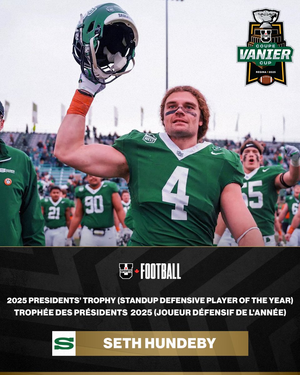 USPORTSca's tweet image. 🏈🏆 Seth Hundeby of the University of Saskatchewan wins the 2025  Presidents’ Trophy as the U SPORTS Defensive Player of the Year!

🏈🏆 Seth Hundeby des @HuskieAthletics remporte le Trophée des Présidents 2025 à titre de Joueur défensif de l'année U SPORTS !
