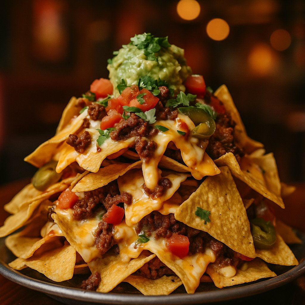 Riziki_ai's tweet photo. Stacked for sharing with melted cheese, seasoned beef, pico, jalapeños, and a crown of guacamole—dig in. #loadednachos #cheesy https://t.co/f1HO1WY4Ta