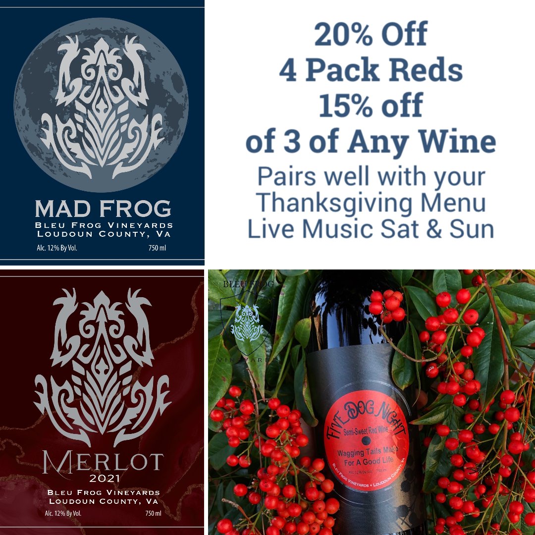 Stock up for festivities! 🥳 open Fri- Sun / Live Music Sat  &amp; Sun 1:30-4:40 Sat: Patty Reese Sun: Andy B / indoor tasting barn, fire pits 🔥, Mulled Wine, Beer, sports 🏈 on TV Fam &amp; Pet Friendly #DCswinecountry #visitdc #winery #Bleufrog #Leesburgva #wine #brewery