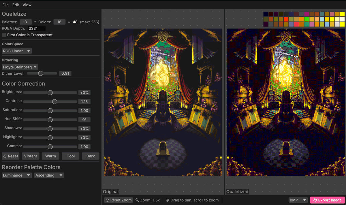 Qualetize GUI is a small tool for trying palette limits, dithering, and tile-based quantization with real-time preview. It also includes Genesis and NDS/GBA presets to help you find the right palette😆
tresuskeenae.itch.io/qualetize-gui
#SegaGenesis #MegaDrive