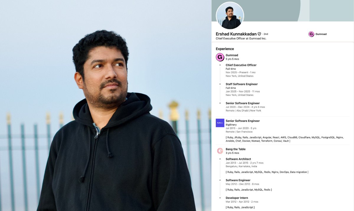 deedydas's tweet image. This man dropped out of a no-name college in India to be a software engineer and by 33, worked his way up to being CEO of a $100M+ company in New York.

Here&apos;s the never-before-shared incredibly inspirational story of Ershad Kunnakkadan:

&amp;gt; be middle class kid in random state…