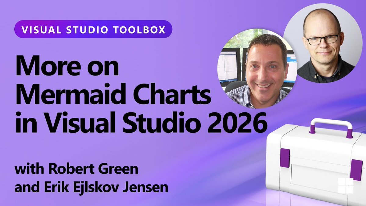 VisualStudio's tweet image. On today&apos;s Visual Studio Toolbox, we review how to create Mermaid charts in #VisualStudio2026 as well as to preview support for them in a SQL Database Project Power Tools extension.
🎥 msft.it/6012tPpDy
