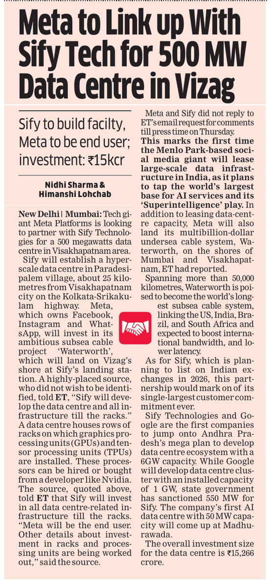 nidhi_sharma's tweet image. EXCLUSIVE: Tech giant @Meta to partner with @sifytech for 500 MW Data Centre in Paradesipalem village, about 25 km from Vizag main city. Read in @EconomicTimes how Sify will develop data centre and Meta will be end user. Reporting with @HimanshiET
m.economictimes.com/tech/technolog……