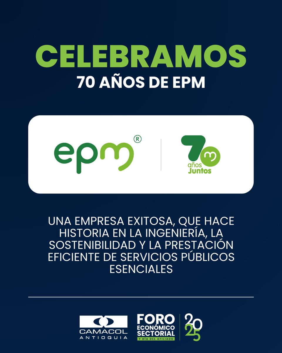 💧💡 <a href="/EPMestamosahi/">EPM estamos ahí</a> celebra 70 años de compromiso, innovación y servicios públicos esenciales que transforman territorios.
 
¡Felicitaciones a todo su equipo por seguir construyendo un mejor futuro para la región y el país! ⚡🌱