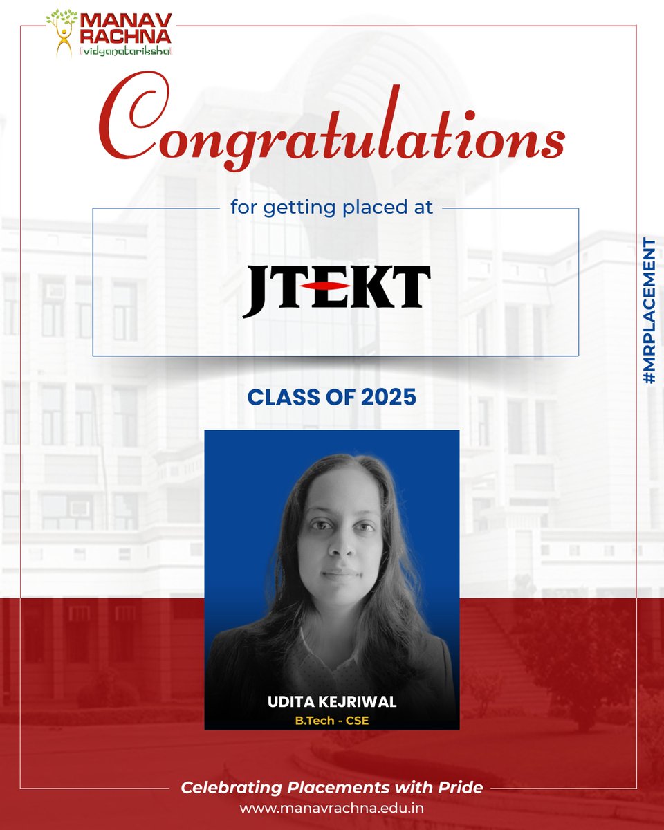 manav_rachna's tweet image. Another proud milestone for Manav Rachna! 🎓✨

We’re delighted to announce the placement of our B.Tech - CSE student (Batch 2025) with 𝐉𝐓𝐄𝐊𝐓 𝐈𝐧𝐝𝐢𝐚 𝐋𝐢𝐦𝐢𝐭𝐞𝐝, a leading name in automotive and industrial solutions.

This achievement reflects the…