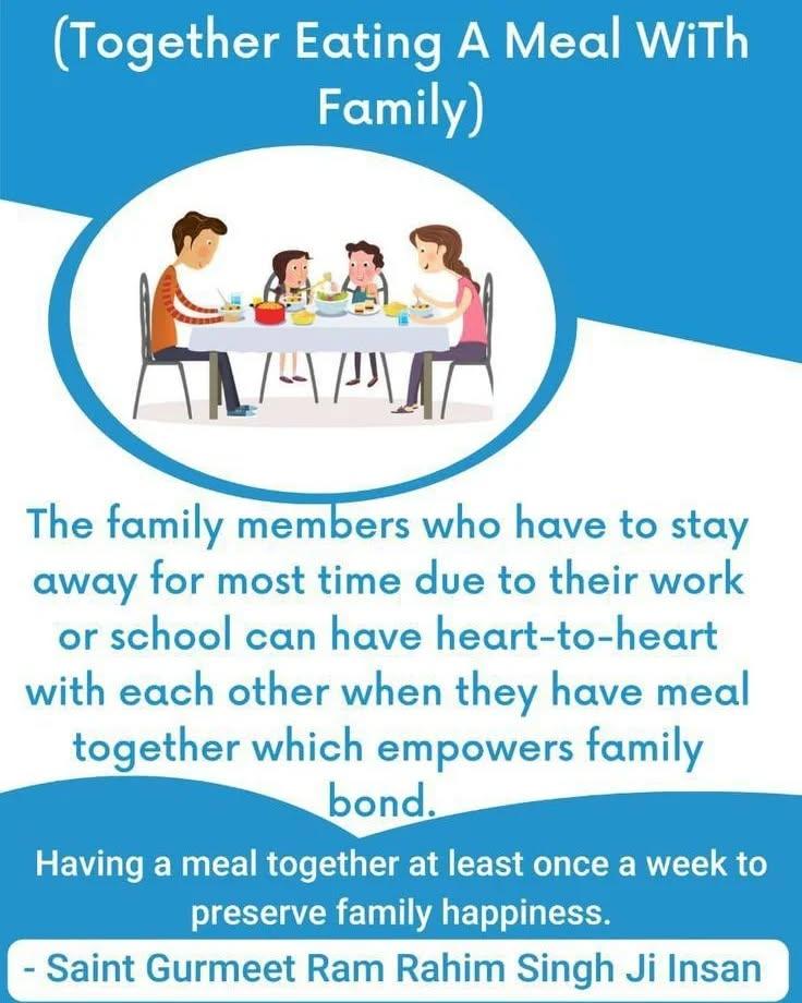 BheemHelp's tweet image. आज कल लोग इतने व्यस्त हैं कि अपने परिवार के लिए भी समय नहीं दे सकते हैं।इसलिए Saint Gurmeet Ram Rahim Singh Ji ने #TeamCampaign शुरू किया है,जिसमें वे परिवारों को सप्ताह में कम से कम एक बार एक साथ बैठकर भोजन करने के लिए प्रोत्साहित करते हैं।
#TEAM #FamilyBond