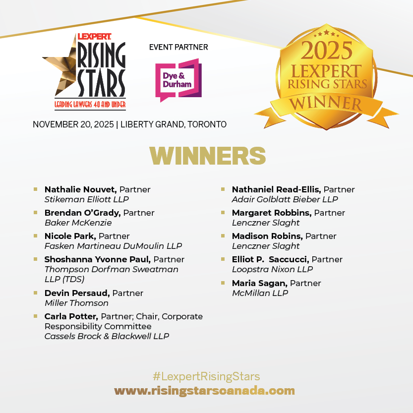 Lexpert's tweet photo. Canada’s top legal talent takes the spotlight!

Explore how these rising stars are shaping the future of Canadian law.

https://t.co/e5gNq2KU9a

#LexpertRisingStars #CanadianLaw #leadership #legalexcellence https://t.co/PHwIEMRiPr
