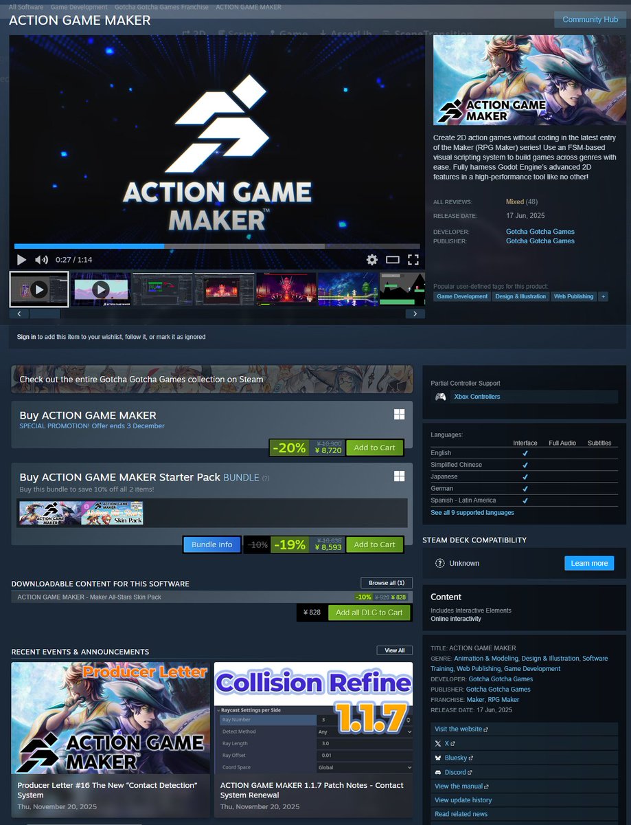 Maker series titles are on SALE now!
Plenty of Maker tools, DLCs and games made with Maker await you on Steam!

RPG Maker MZ 55%OFF
store.steampowered.com/app/1096900/RP…

RPG Maker MV 85%OFF
store.steampowered.com/app/363890/RPG…

ACTION GAME MAKER 20%OFF
store.steampowered.com/app/2987180/AC…

until 9AM Dec. 2 (PT)