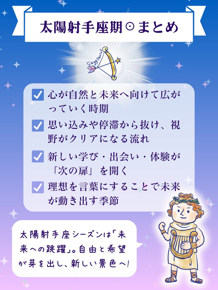 pepegumi's tweet image. ／
未来の景色が遠くまで見える時期！
太陽、射手座へ🌞🏹
＼

11月22日〜12月22日まで、太陽は射手座に滞在します。

この時期のキーワードは「自由・探求・成長・冒険」。
心が自然と「もっと先へ」「もっと広く」と拡大していく、前向きな火のシーズンです。…