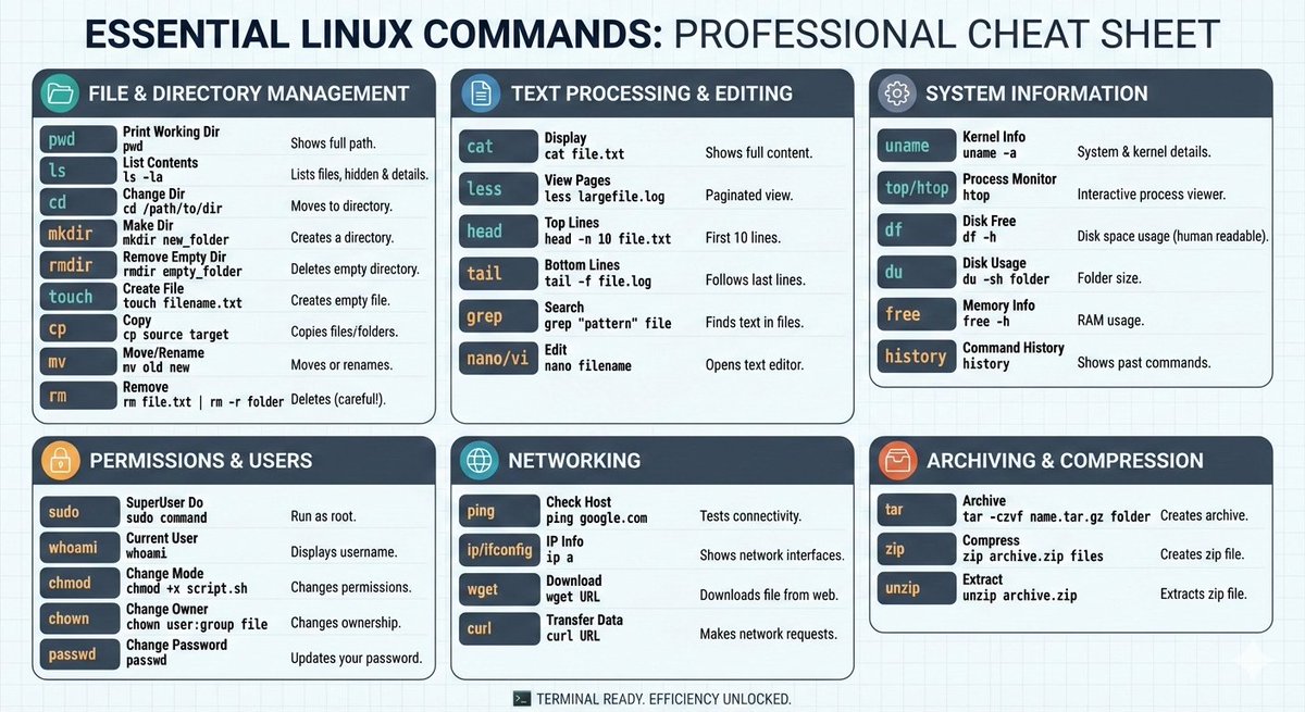 Times_of_Cinema's tweet image. 🐧 Master the terminal with this essential Linux Command Line Cheat Sheet!

#Linux #CommandLine #DevOps #TechTips #OpenSource #SysAdmin