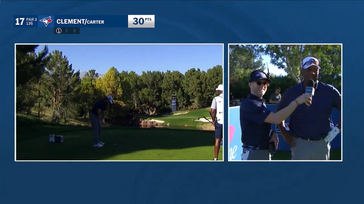 Nobody had more fun than the @BlueJays squad at the @CapitalOne MLB Open!
Watch Ernie Clement and Joe Carter tee off on Hole 17 at Shadow Creek Golf Course 👀