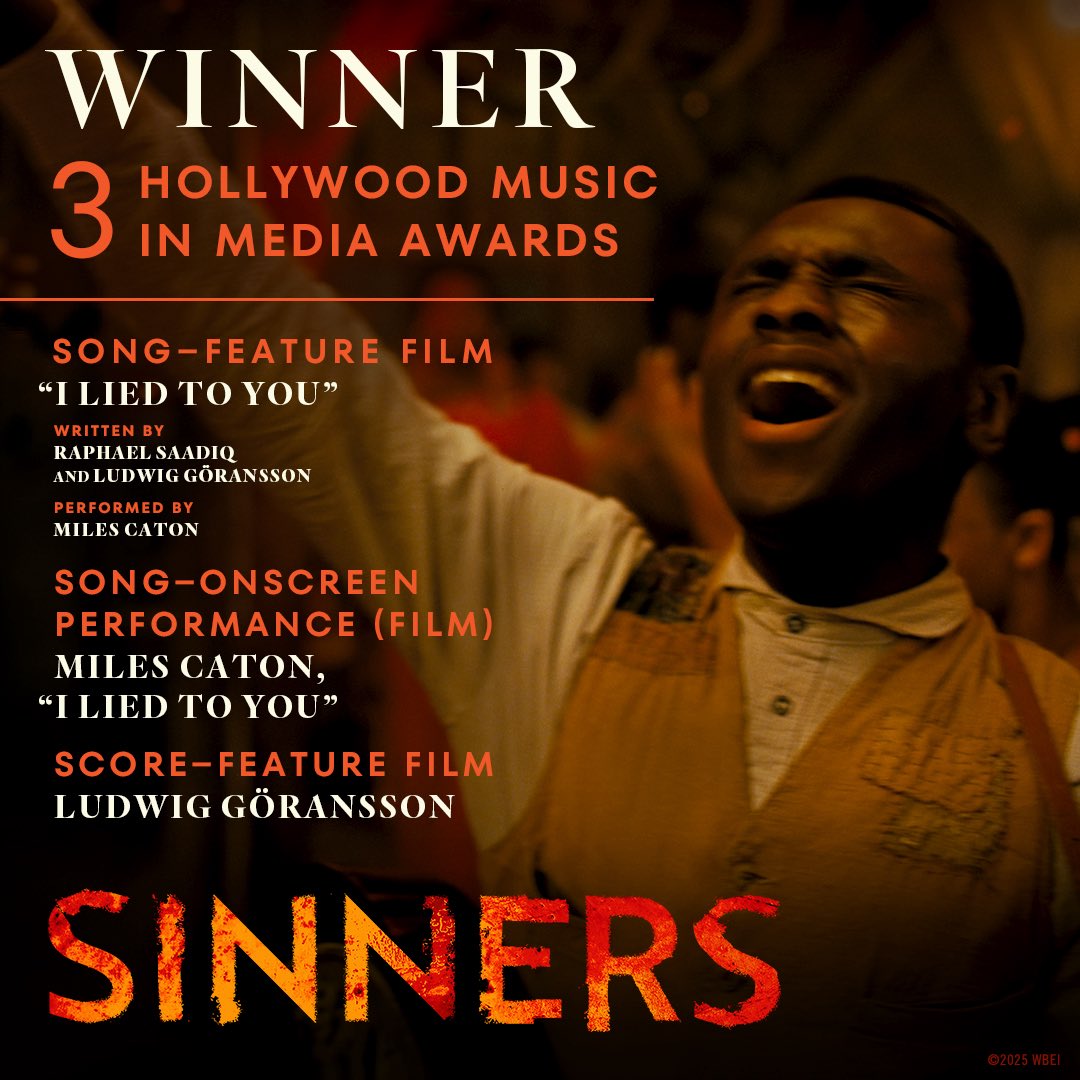 Congratulations to the "Sinners" music team on winning 3 top awards at the 16th Annual Hollywood Music in Media Awards for song and score.

<a href="/HMMAwards/">HollywoodMusicAwards</a> | #hmmawards