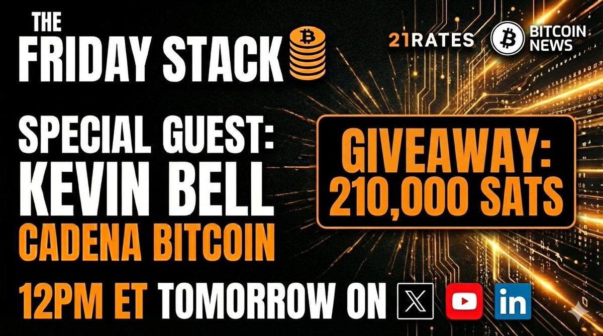 The Friday Stack is BACK 🙌

Live tomorrow at 12pm ET and it's BIGGER than ever.

Tune in for the chance to win 210,000 SATS. 

Special Guests: Kevin Bell of <a href="/cadenabitcoin/">CadenaBitcoin</a> and <a href="/borjamartels/">₿orja Martel Seward |</a> of Roxom 

Segments include Mt. Rushmore of Crypto Blowups &amp; Bitcoiner of the Week.