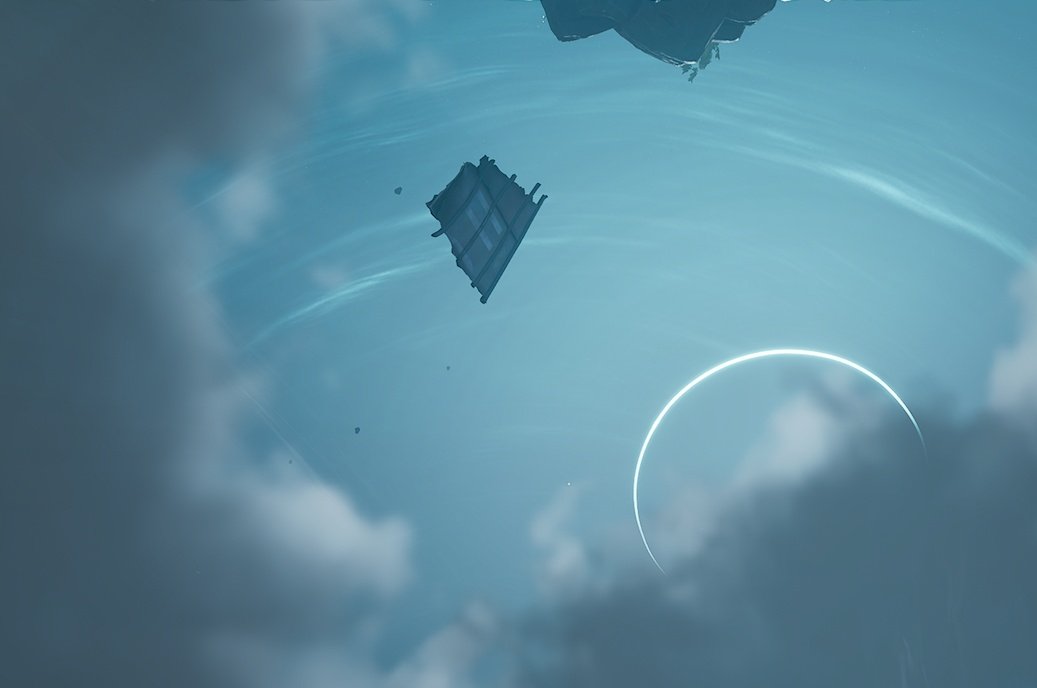 takyahashi's tweet image. ①昨夜ﾁｮｯﾄ進めて、トロッコが伸びました！広い〜😆🙌物が落ち着いて置ける😙🎶
②しかし到着する建物？に書かれてる文字が読めない文字で、違う世界線？の建物とかなのでしょうか🤔
③雲の合間から見える星が綺麗で😍 そういえばﾃﾞｯｶｲ骨も浮いてました🦴不思議空間
④ｶﾜｲｲ🤭
#VoidTrain