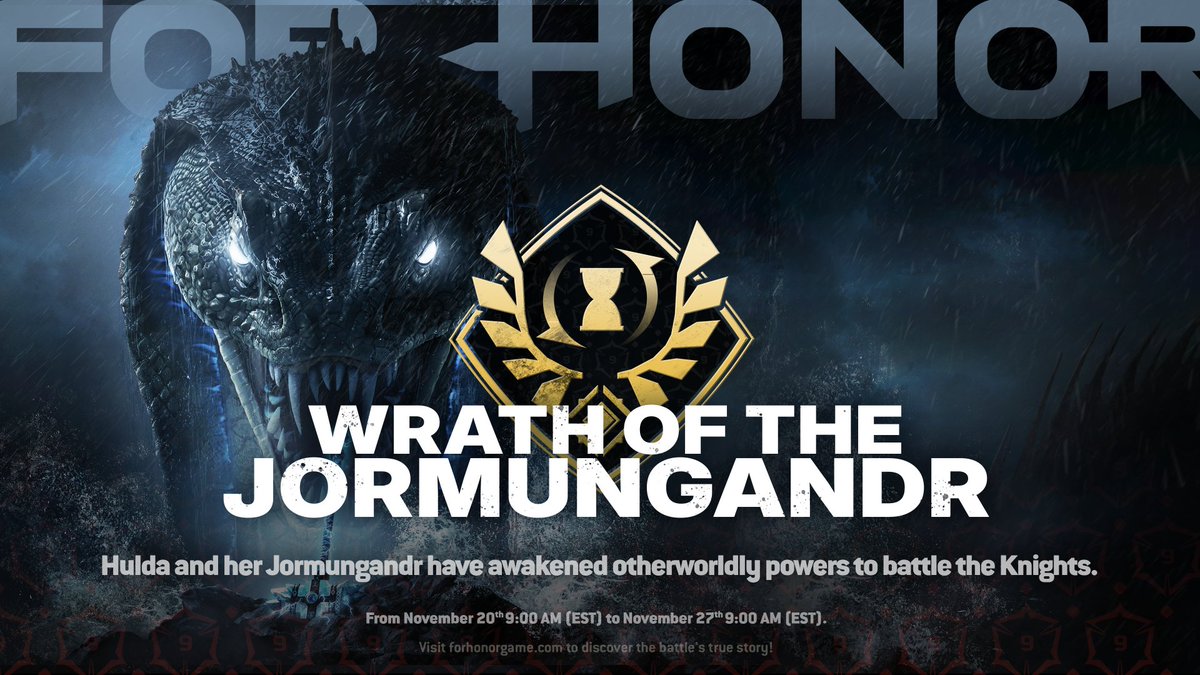 ForHonorGame's tweet image. Wrath of the Jormungandr is BACK! 🌩️

Participate in the Throwback Event and Event Order this week and bring the Hamaar down on your foes. 🔨