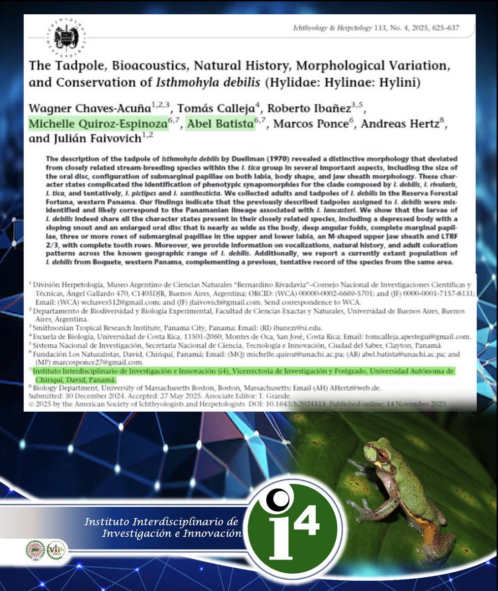 Atención 📢 <a href="/UNACHIpanama/">UNACHI</a> Otra publicación con  investigadores del i-4: The Tadpole, Bioacoustics, Natural History, Morphological Variation, and  Conservation of Isthmohyla debilis (Hylidae: Hylinae: Hylini); Con Mgtr. Michelle Quiróz y Dr. Abel Batista <a href="/senacyt/">Senacyt Panamá</a> <a href="/SNIAIP_Panama/">Sistema Nacional de Investigación de Panamá AIP</a>