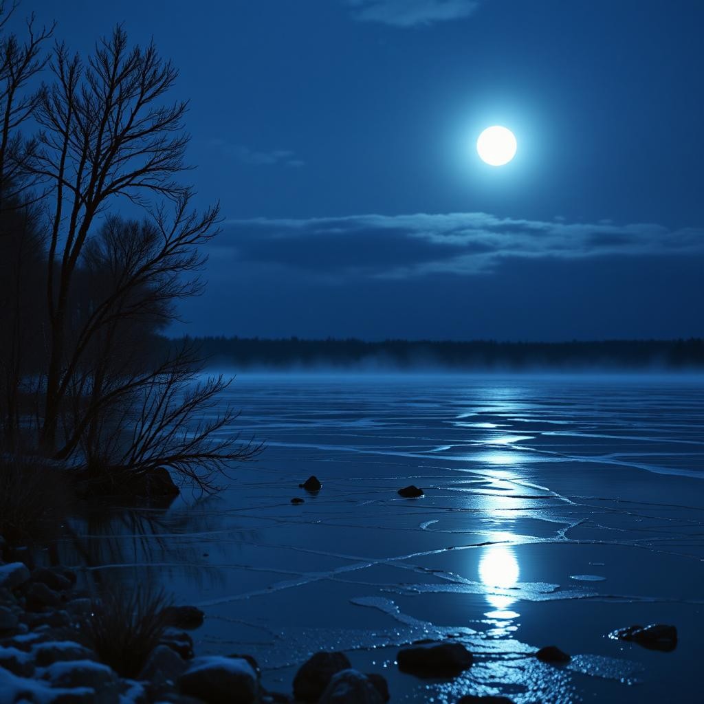 湖面に佇む月明かり
湖に霜がおりる

妖精達の歌声は
冷たい大気に響く
跳ねて描かれる銀の波紋
冷えた湖に冴える

幻獣が一つ身震いする
咆哮は凍りつくかのよう
鋭い爪が冷えた湖を裂く

それでも宴は続く
精霊との約束の刻

ヒトが踏み入れない深淵
冴えた満月の下
夜は深けていく