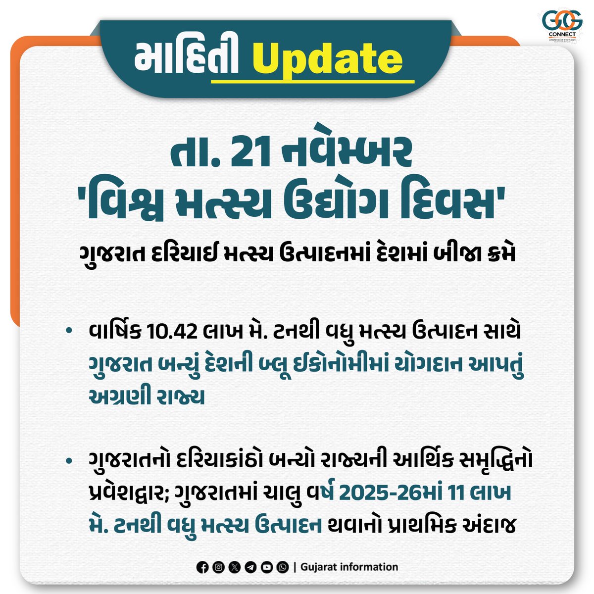 InfoGujarat's tweet image. ભારત અને ગુજરાત સરકારના સહિયારા પ્રયાસોથી રાજ્યમાં ‘બ્લૂ ક્રાંતિ’ સાકાર થઈ: મત્સ્યોદ્યોગ મંત્રી શ્રી જીતુભાઈ વાઘાણી

#WorldFisheriesDay2025