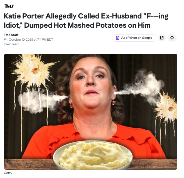LeighWolf's tweet image. &quot;The time for patience is over&quot; is what Katie Porter said to her ex husband before dumping boiling potatoes on his face.