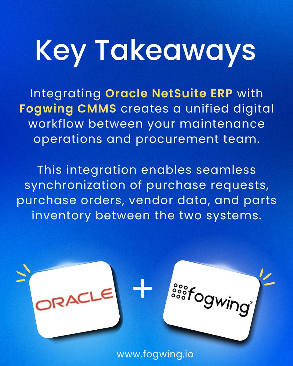 Fogwing_IoT's tweet image. Automation just got smarter! ✨

Fogwing CMMS now integrates with Oracle NetSuite ERP.

🔗 Explore the full integration: fogwing.io/integrations-v…

#Fogwing #OracleNetSuite #NetSuiteIntegration #FogwingCMMS #BestCMMS #MaintenanceManagement #SmartMaintenance #ERPIntegration