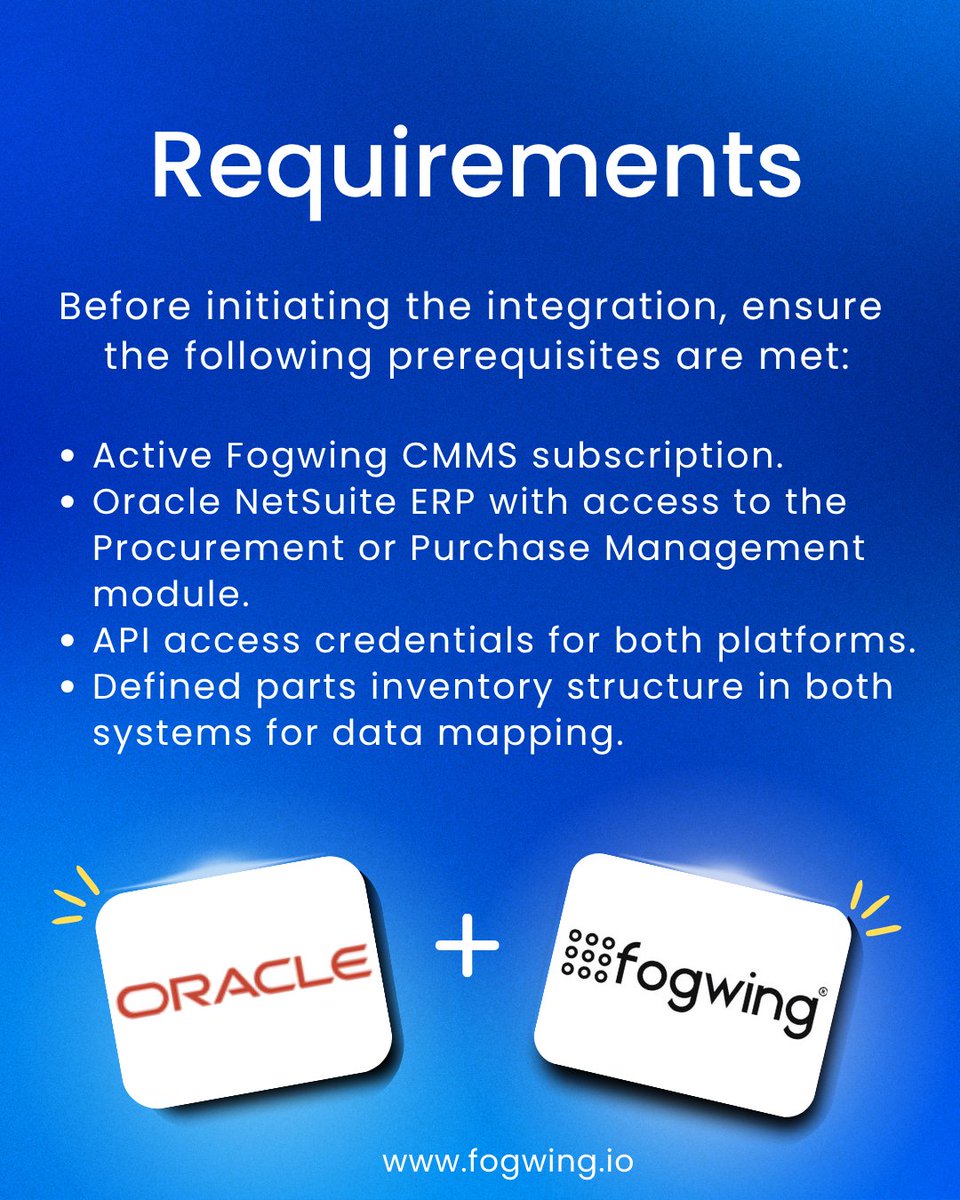 Fogwing_IoT's tweet image. Automation just got smarter! ✨

Fogwing CMMS now integrates with Oracle NetSuite ERP.

🔗 Explore the full integration: fogwing.io/integrations-v…

#Fogwing #OracleNetSuite #NetSuiteIntegration #FogwingCMMS #BestCMMS #MaintenanceManagement #SmartMaintenance #ERPIntegration