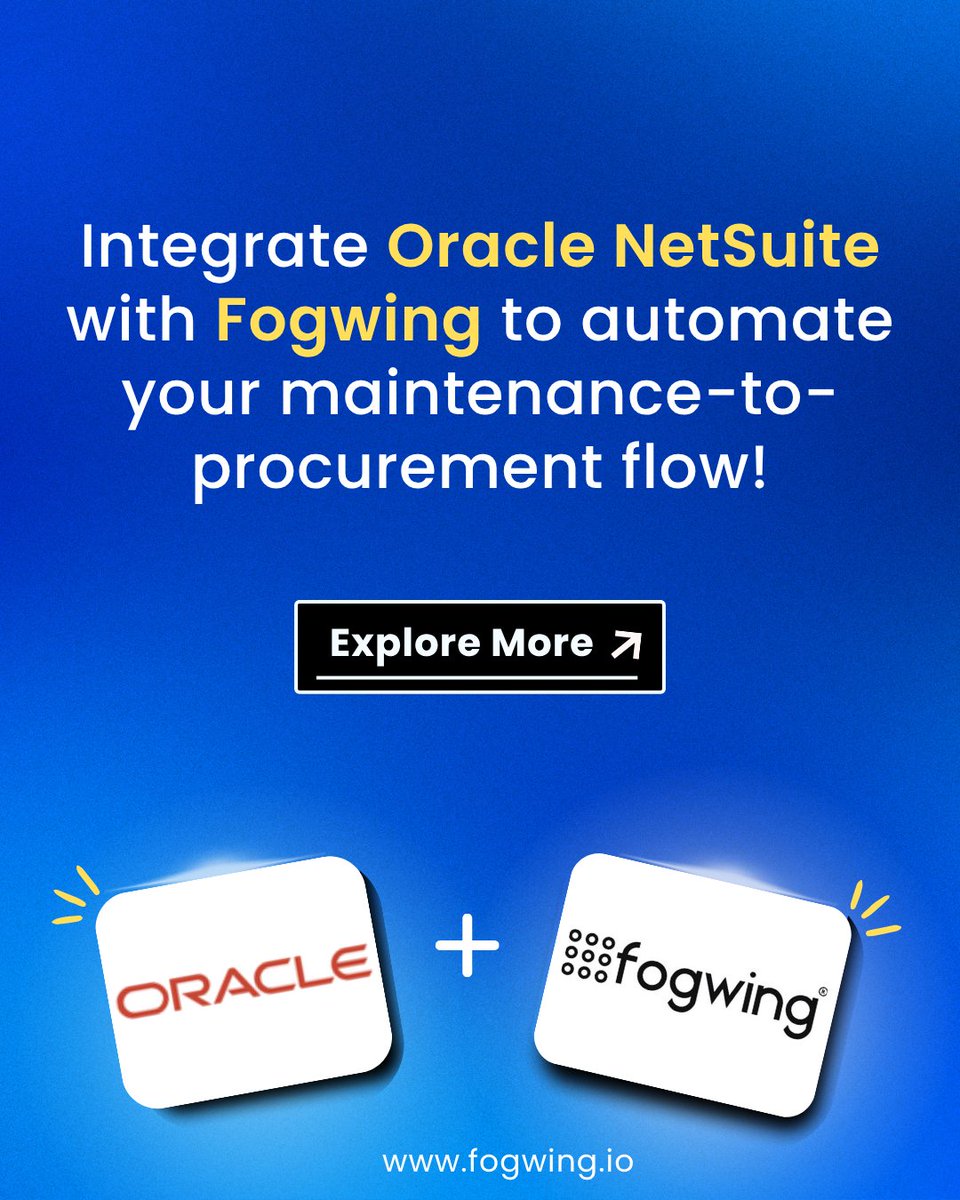 Fogwing_IoT's tweet image. Automation just got smarter! ✨

Fogwing CMMS now integrates with Oracle NetSuite ERP.

🔗 Explore the full integration: fogwing.io/integrations-v…

#Fogwing #OracleNetSuite #NetSuiteIntegration #FogwingCMMS #BestCMMS #MaintenanceManagement #SmartMaintenance #ERPIntegration