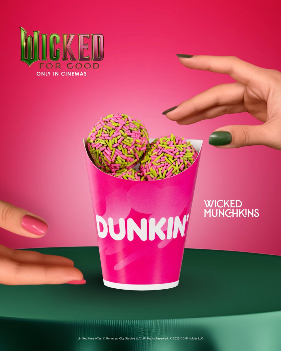 dunkinph's tweet photo. Munchkins have arrived at Dunkin’ 🩷💚 Catch 𝐖𝐢𝐜𝐤𝐞𝐝 for Good, ONLY IN CINEMAS. #WickedForGoodPH #DunkinPH https://t.co/8XUB7uACnE