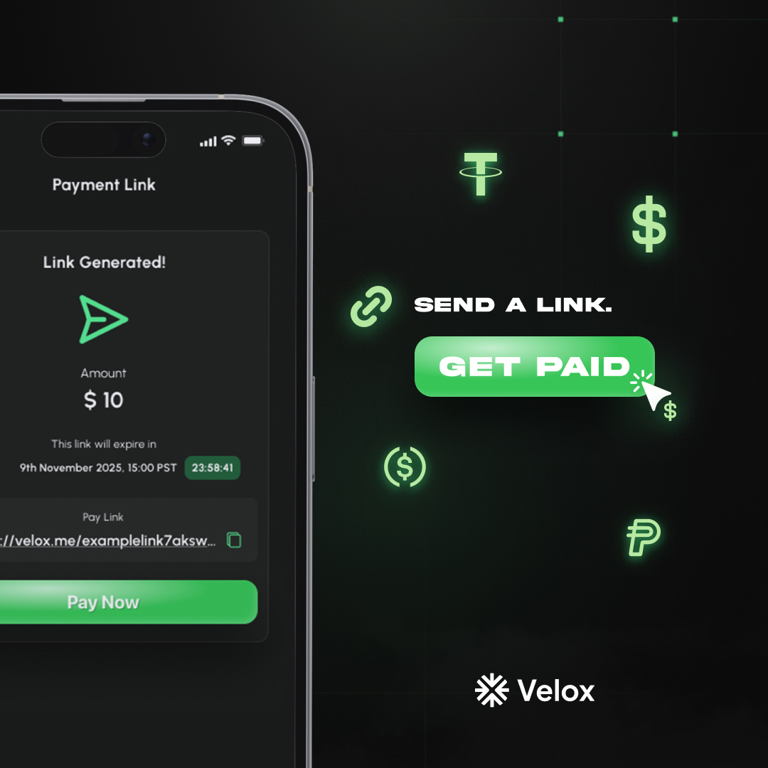 velox_wallet's tweet photo. Send a Link. Get Paid.
No app installs. No wallet addresses.
Just share your Velox payment link — and get paid instantly.
⚡ Perfect for small shops, sellers, and online businesses.
💬 Ever had a buyer say “I don’t know how to pay you”?
Now they do — with just one link.
#Velox #CryptoPayments #Fintech #Web3Finance #Stablecoin #DigitalWallet #PaymentLink #OnlineBusiness #CryptoForBusiness #SmallBusiness #CrossBorder