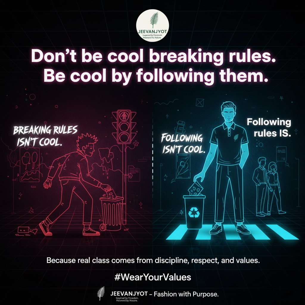 WearJeevanJyot's tweet image. Being responsible is rare — and THAT’S real cool. 😎✨
Don’t be cool breaking rules.
Be cool by following them.
Because values never go out of style. 🌿

#WearYourValues#FollowTheRules #RealCool #GenZMindset #JeevanJyot
#WearYourValues #StayResponsible #IndianYouth
#Rule