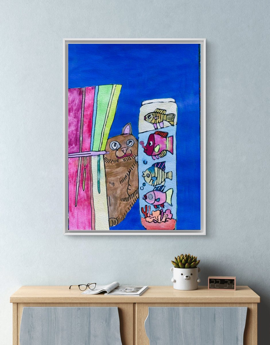 Title:  Cat feeding fish. : 魚に餌をあげる猫 : แมวให้อาหารปลา
Technique : Oil pastels and watercolor on paper.
Size : 42x59.4 cm.

I'm vivid colour expressions artists.