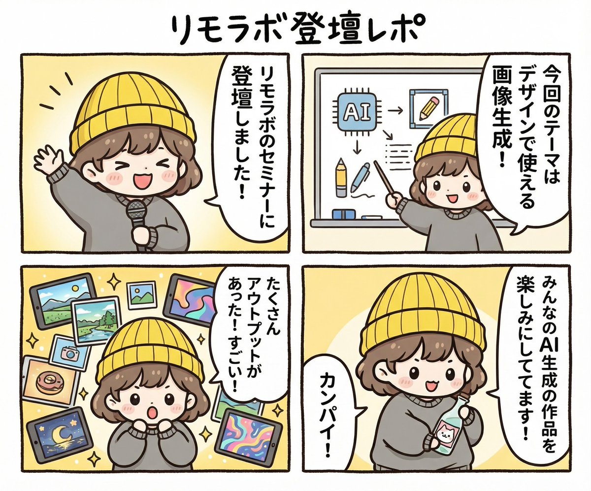 午前中は、 デザインのプロほのかさん(<a href="/_HonoDesign/">ほのか｜デザイン×マーケティング</a>)と仕事で使うAI画像生成をテーマに登壇しました。

「さっそく作ってみたい」
「活用するポイントが分かりやすかった」

などのお声があったので、これからのみなさんのアウトプットや活用事例を見るのが楽しみです！ 
 #リモラボ