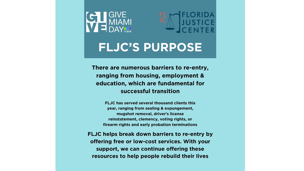 FLJusticeCenter's tweet photo. Your donation today is more than just a contribution; it is the source of stability that directly improves public safety. When you donate, you are funding the services that restore lives. Click below. https://t.co/NsLyzvL5CE

#GiveMiamiDay  #PublicSafety #CommunitySupport https://t.co/EuMPDeglCT
