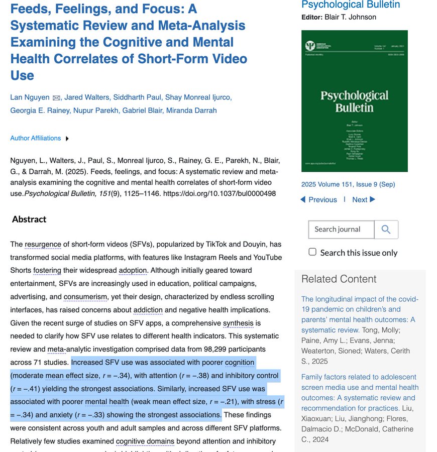 The image is a screenshot of an academic journal article page from Psychological Bulletin, featuring the article title, list of authors with affiliations, publication details (2025, Volume 151, Issue 9), DOI, abstract text discussing the meta-analysis on short-form video use, and sidebar elements like search options, related content, and journal branding in green and white tones.