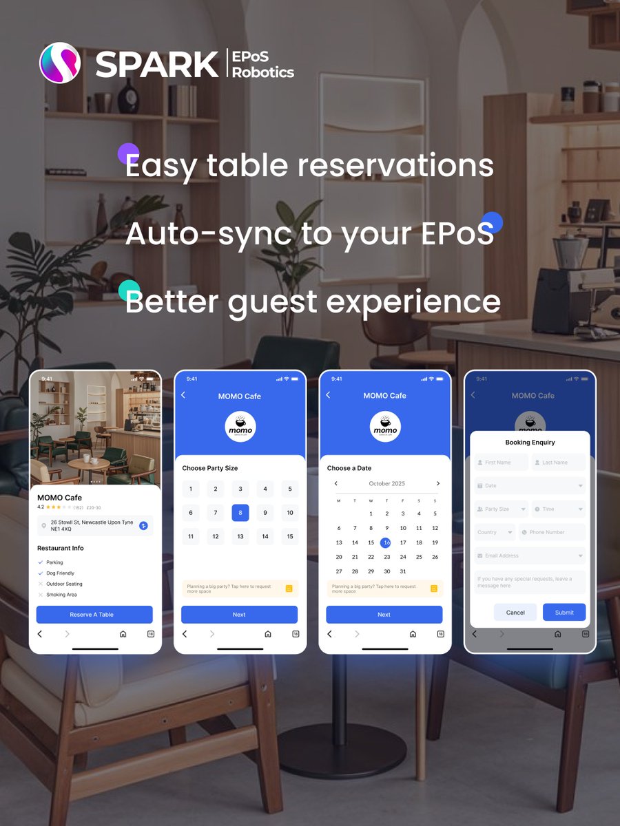 SparkEPOS's tweet image. SPARK makes table reservations smooth, modern, and effortless.
 Your customers can book a table anytime, anywhere with a fast, clean, and friendly interface powered by SPARK.

#DigitalDining #RestaurantSolutions #MobileBooking #SmartOrdering #TableReservation #RestaurantBooking