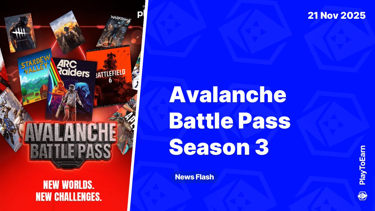 PlayToEarn's tweet image. Avalanche Battle Pass Season 3 Brings Web2 Games and $25K+ in Rewards 📰

The AVAX Battle Pass returns Nov 24 with its third season, bringing web2 titles like Battlefield 6, PUBG, and Marvel Rivals into the mission pool for the first time. 

Read more 🧵