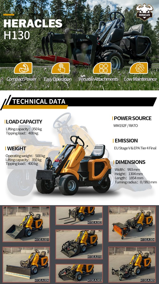 HeraclesGlobal's tweet image. Heracles H130 – Small Size, Big Capability 🚜 Compact, agile, and ready for any task. Swap between 200+ attachments and get more done in tight spaces. Perfect for farms, stables, landscaping, and daily work. #HeraclesH130 #CompactLoader #FarmEquipment #Multifunctional