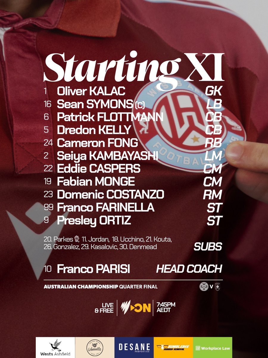 apialeichhardt's tweet photo. 𝑫𝒐𝒎 𝒔𝒕𝒂𝒓𝒕𝒔 𝒕𝒉𝒆 𝒅𝒆𝒓𝒃𝒚 2️⃣3️⃣

His first starting eleven inclusion in granatazzuri couldn’t come at a more perfect time. We’re underway in 20 in this huge Quarter Final derby d’Italia 🇮🇹

#APLvMAR #AusChampionship #ForzaWestsAPIA 💜🩵 https://t.co/7HD2xkC4eL