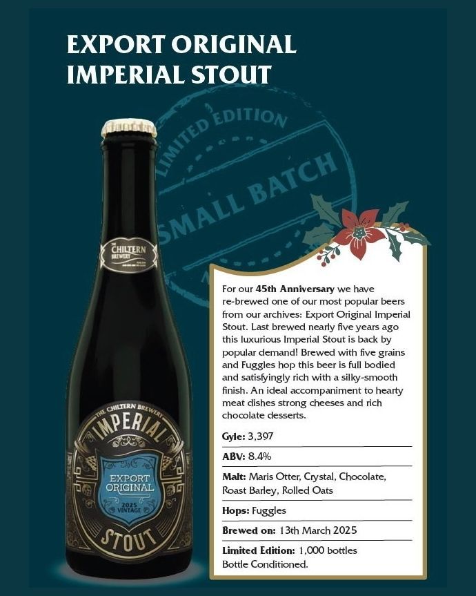 ChilternBrewery's tweet photo. Re-brewed for our 45 Years in Beer celebrations.

Black &amp; velvety smooth with a satisfyingly rich feel in the mouth.

A beer to savour by the fire. You could share it, or even give one away, but you’re probably better off keeping this one to yourself.

#chilternbrewery #stout https://t.co/R6pbKz7f6v