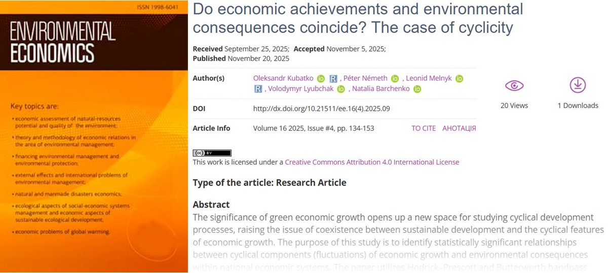 pubfin_journal's tweet image. 🔗 dx.doi.org/10.21511/ee.16…
📝 Do economic achievements and environmental consequences coincide? The case of cyclicity
👥 Oleksandr Kubatko, Péter Németh, Leonid Melnyk, Volodymyr Lyubchak, 
Natalia Barchenko
#economic_cycles, #pollution_fluctuations, #synchronization