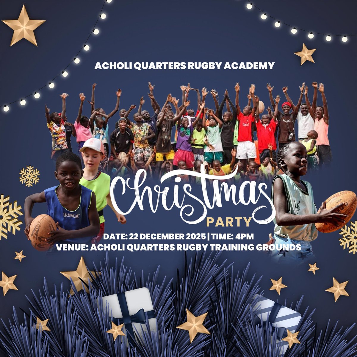 Let's come together and celebrate.

Acholi Quarters Rugby Academy Christmas Party is happening.

#AcholiQuartersRugbyAcademy #ChristmasCheer