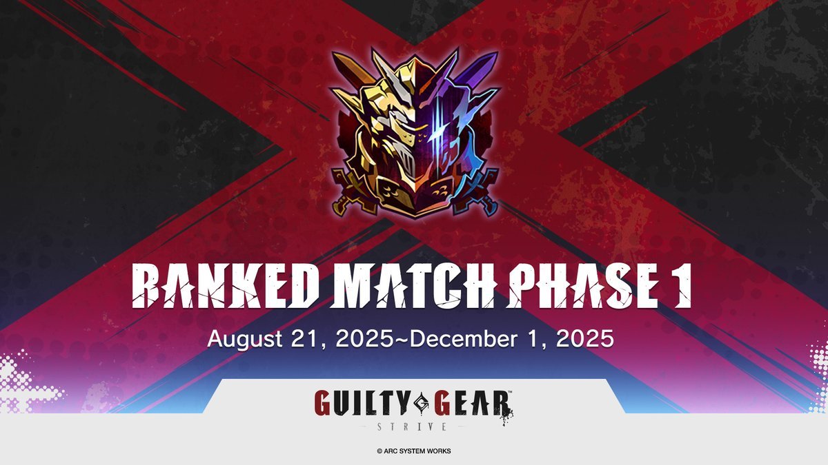 📣Notice regarding #GGST Ranked Match⚔️
Only 1 week left until the end of Ranked Match Phase 1!
Check the end date and time on the in-game Ranking page.

End Times:
November 30, 2025, 10:59 PM PST
December 1st, 2025, 7:59 AM CET

Future phases will occur every three months.
DR