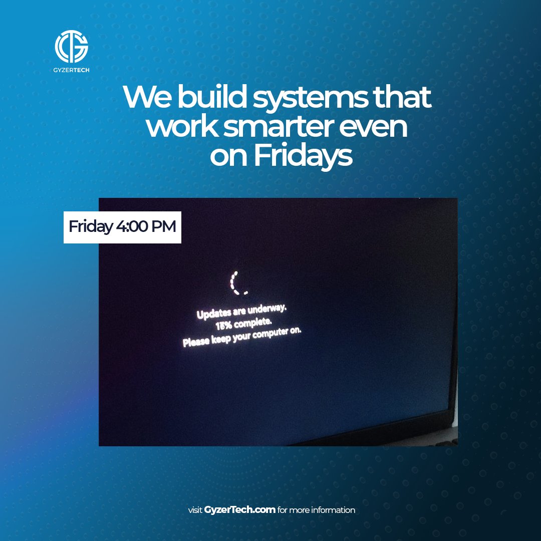 GyzerTech's tweet image. Your team may take Friday slow… but our systems? Never. 😄 

Even when you’re counting down to the weekend,
our systems are counting uptime. 

Smarter Fridays start with us. 

#Gyzertech #FridayTech #SmartWorkflows #GyzerEveryday